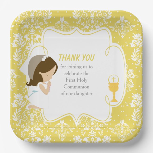 First Communion Brunette Girl Gold Damask Paper Plate (Front)