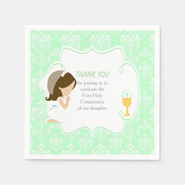 First Communion Brunette Girl Green Damask Napkin (Front)