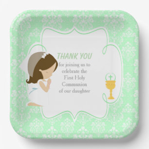 First Communion Brunette Girl Green Damask Paper Plate