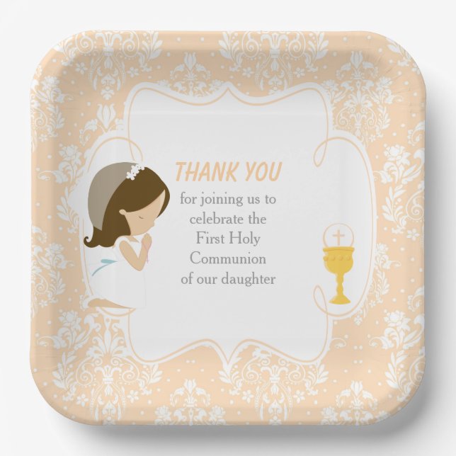 First Communion Brunette Girl Peach Damask Paper Plate (Front)