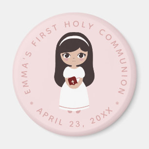 First Communion Brunette Girl Pink Cute Catholic Magnet