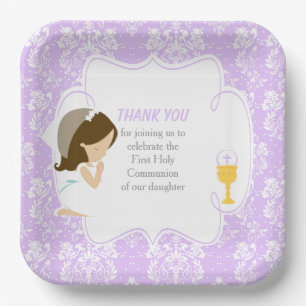 First Communion Brunette Girl Purple Damask Paper Plate