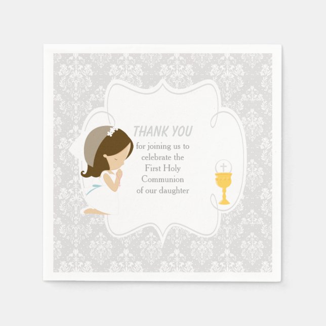 First Communion Brunette Girl Silver Damask Napkin (Front)