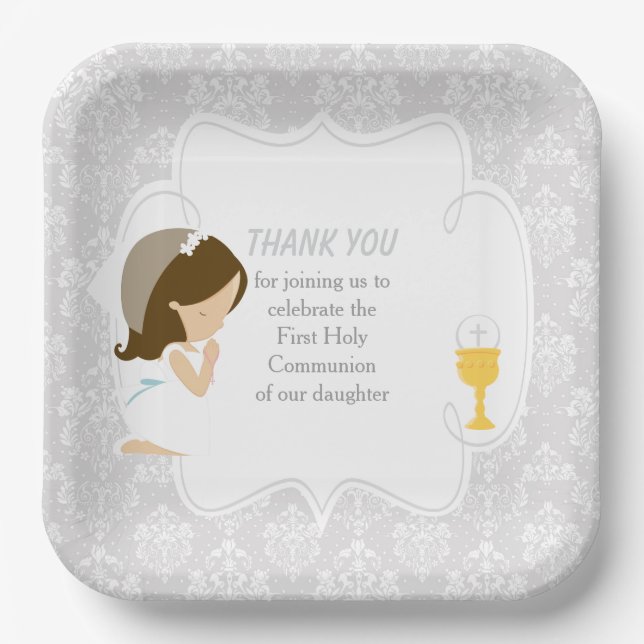 First Communion Brunette Girl Silver Damask Paper Plate (Front)