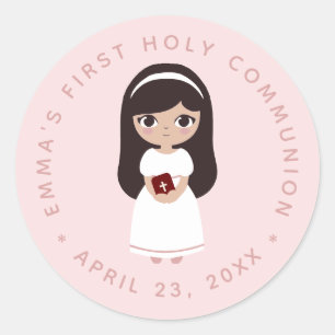 First Communion Brunette Girl White Dress Pink   Classic Round Sticker