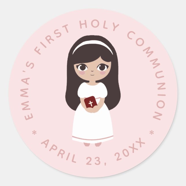 First Communion Brunette Girl White Dress Pink   Classic Round Sticker (Front)