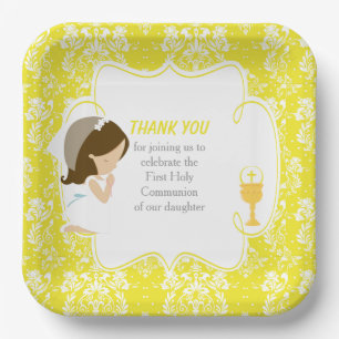 First Communion Brunette Girl Yellow Damask Paper Plate