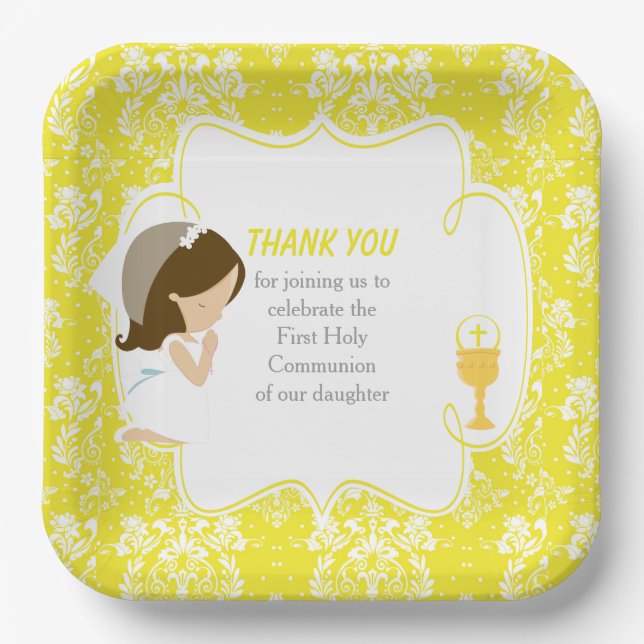 First Communion Brunette Girl Yellow Damask Paper Plate (Front)