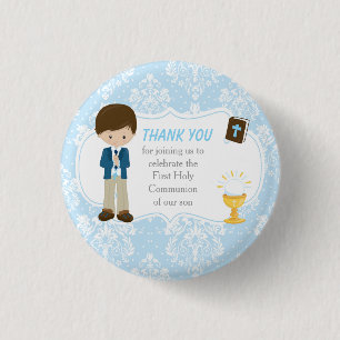 First Communion Brunette Hair Boy Thank You 3 Cm Round Badge