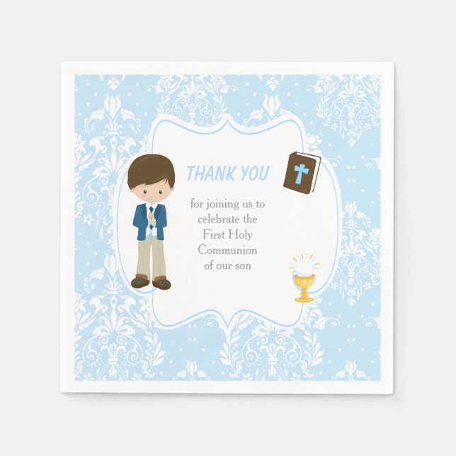 First Communion Brunette Hair Boy Thank You Napkin (Front)