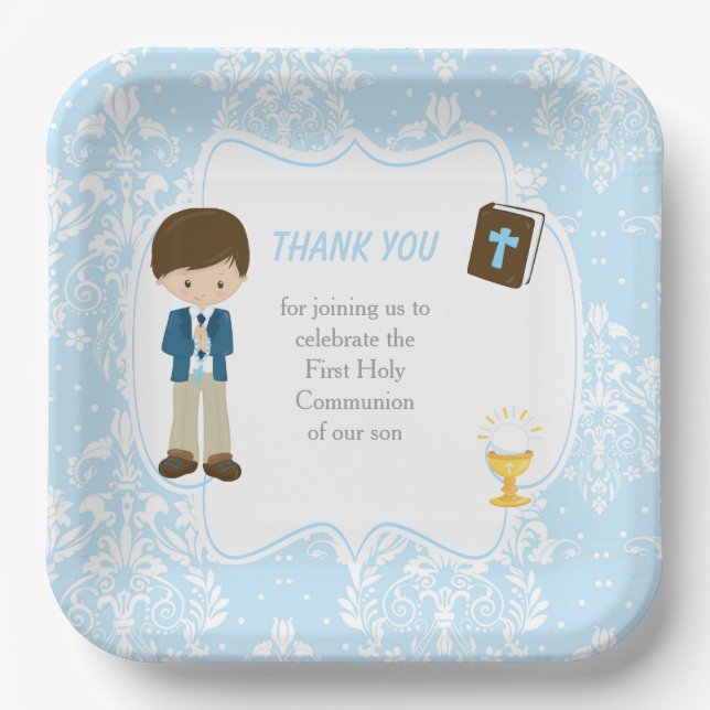 First Communion Brunette Hair Boy Thank You Paper Plate (Front)