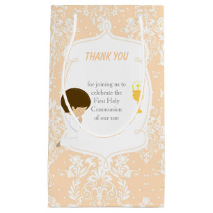 First Communion Brunette Hair Boy Thank You Small Gift Bag