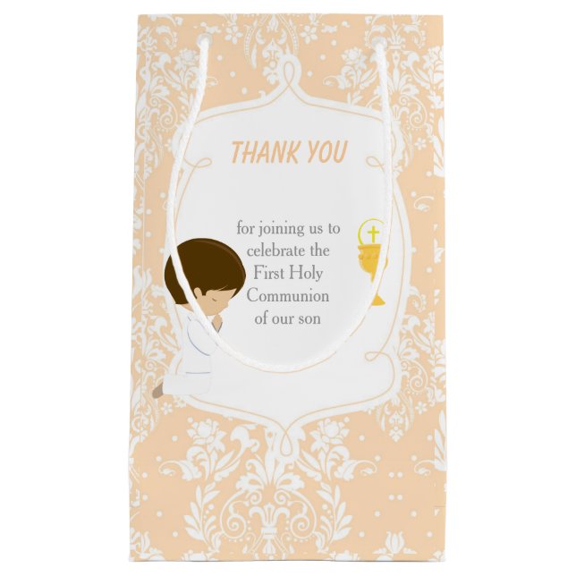 First Communion Brunette Hair Boy Thank You Small Gift Bag (Front)