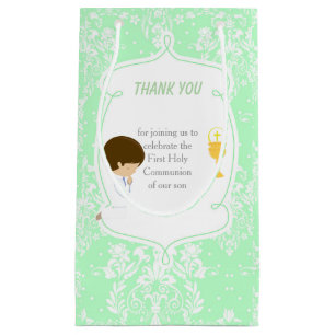 First Communion Brunette Hair Boy Thank You Small Gift Bag