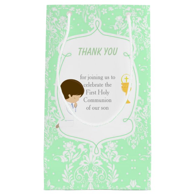 First Communion Brunette Hair Boy Thank You Small Gift Bag (Front)