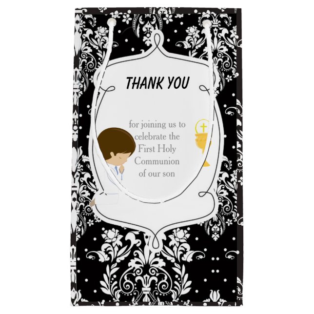 First Communion Brunette Hair Boy Thank You Small Gift Bag (Front)