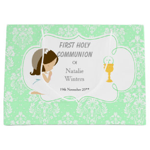 First Communion Brunette Hair Girl Thank You Large Gift Bag