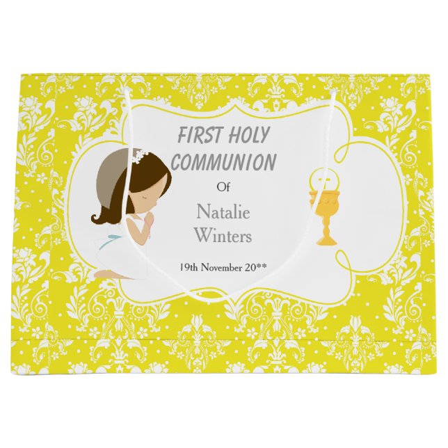 First Communion Brunette Hair Girl Thank You Large Gift Bag (Front)