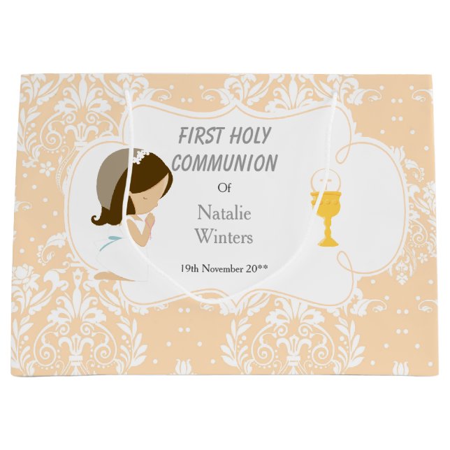 First Communion Brunette Hair Girl Thank You Large Gift Bag (Front)