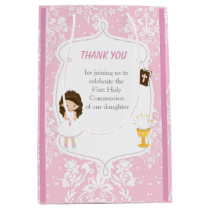 First Communion Brunette Hair Girl Thank You Medium Gift Bag