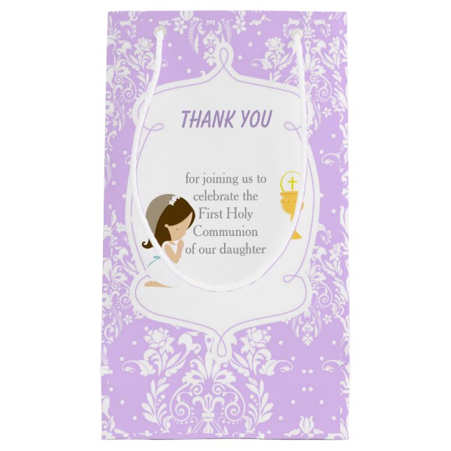 First Communion Brunette Hair Girl Thank You Small Gift Bag (Front)