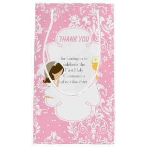 First Communion Brunette Hair Girl Thank You Small Gift Bag