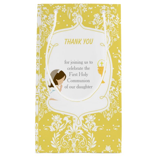 First Communion Brunette Hair Girl Thank You Small Gift Bag (Front)