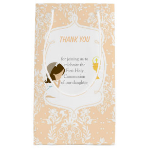 First Communion Brunette Hair Girl Thank You Small Gift Bag