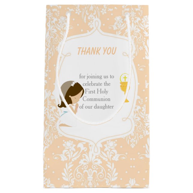 First Communion Brunette Hair Girl Thank You Small Gift Bag (Front)