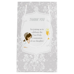 First Communion Brunette Hair Girl Thank You Small Gift Bag