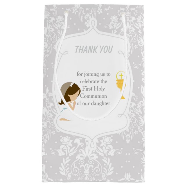 First Communion Brunette Hair Girl Thank You Small Gift Bag (Front)