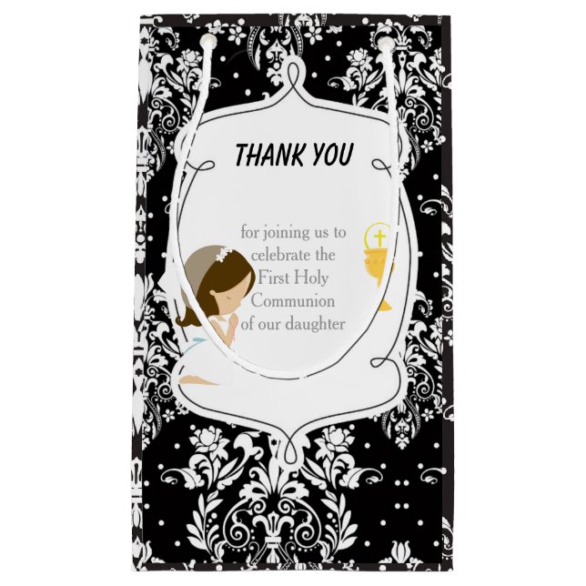 First Communion Brunette Hair Girl Thank You Small Gift Bag (Front)