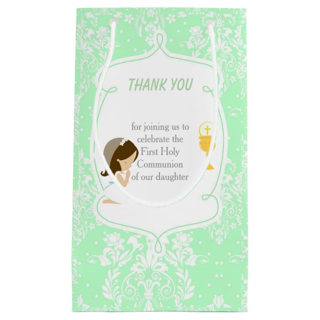 First Communion Brunette Hair Girl Thank You Small Gift Bag (Front)