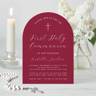 First Communion Burgundy Arch Simple Script Girl  Invitation