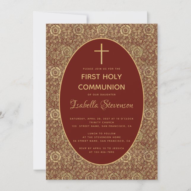 First Communion Burgundy Gold Roses Elegant Red Invitation (Front)