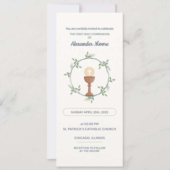 First Communion Card – Botanical Wreath & Symbols (Front)