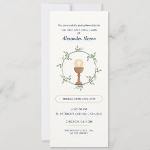 First Communion Card – Botanical Wreath & Symbols