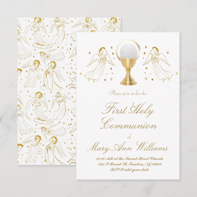 First Communion catholic girl golden angels design Invitation (Front/Back)