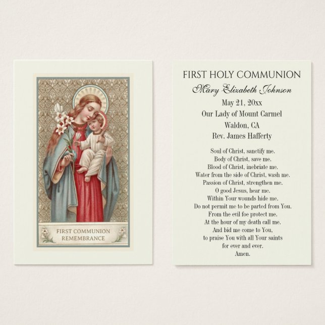 First Communion Catholic Remembrance Holy Card (Front & Back)