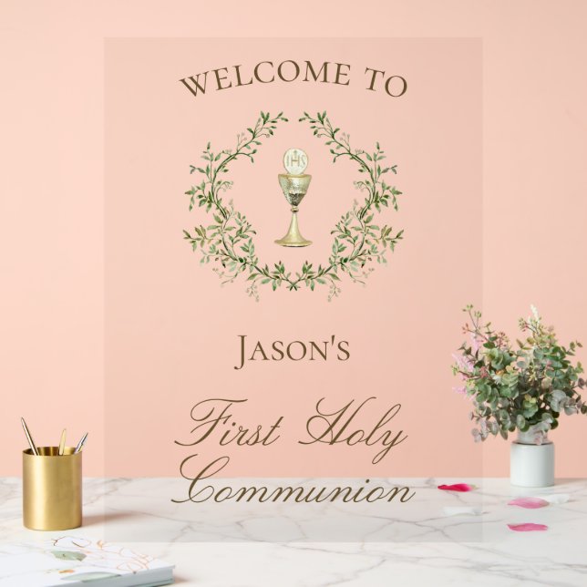 First Communion chalice crest greenery Acrylic Sign (Wedding)