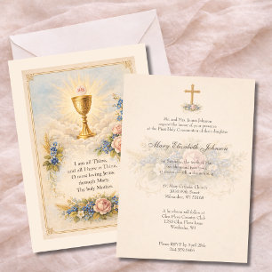 First Communion Chalice Host  Floral  Invitation