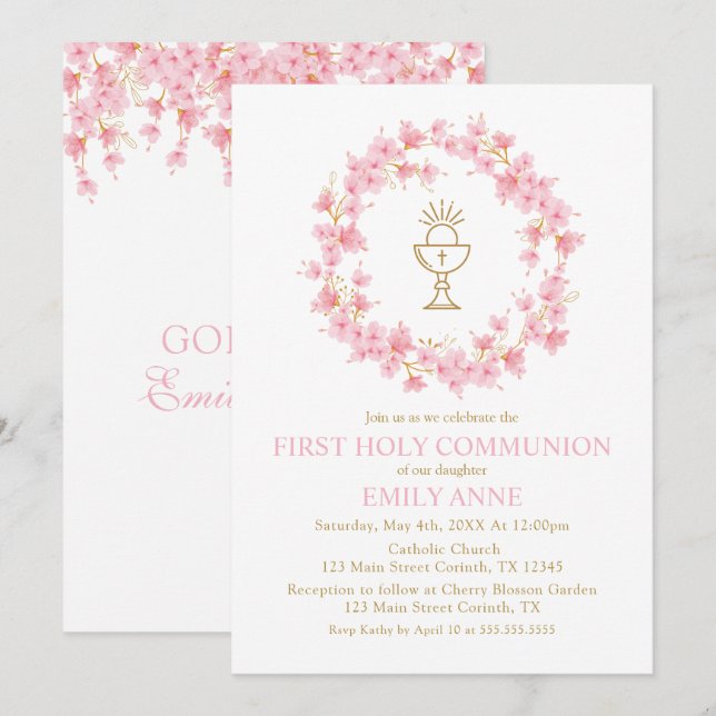 First Communion Cherry Blossom floral Invitation  (Front/Back)