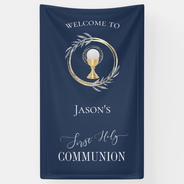 First Communion classic blue and faux gold circle Banner (Vertical)