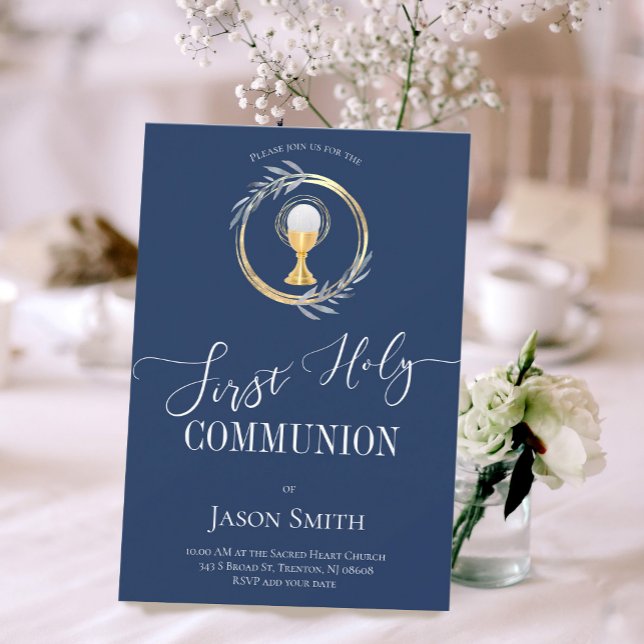 First Communion classic blue and faux gold Invitation (Creator Uploaded)