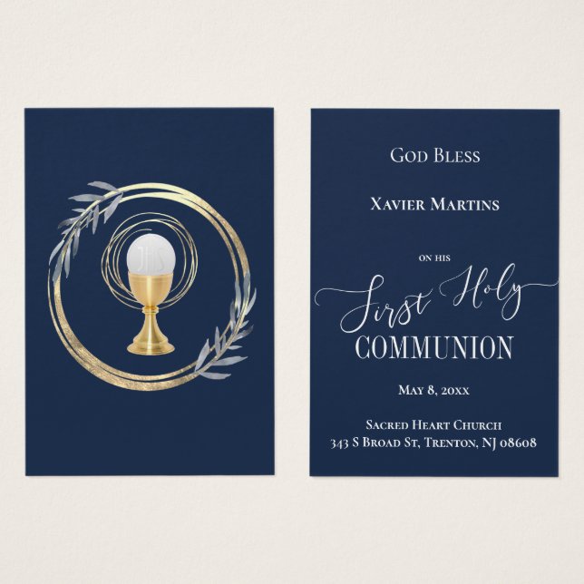 First Communion classic blue remembrance card (Front & Back)