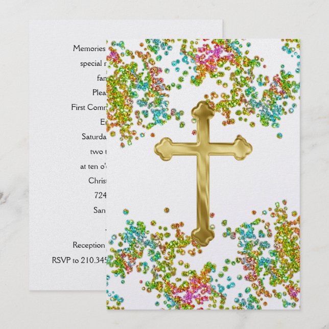 First Communion Colourful Glittery Invitation (Front/Back)
