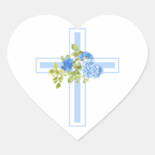 First Communion Cross Blue Roses Floral Heart Sticker