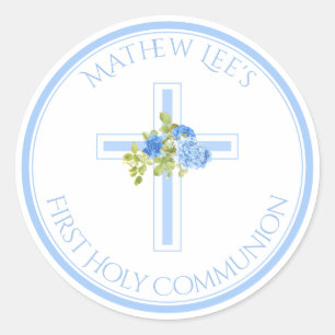 First Communion Cross Blue Roses Monogrammed Name Classic Round Sticker