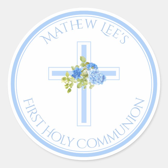 First Communion Cross Blue Roses Monogrammed Name Classic Round Sticker (Front)