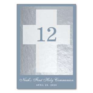 First Communion Cross Dusty Blue Faux Silver Boy Table Number